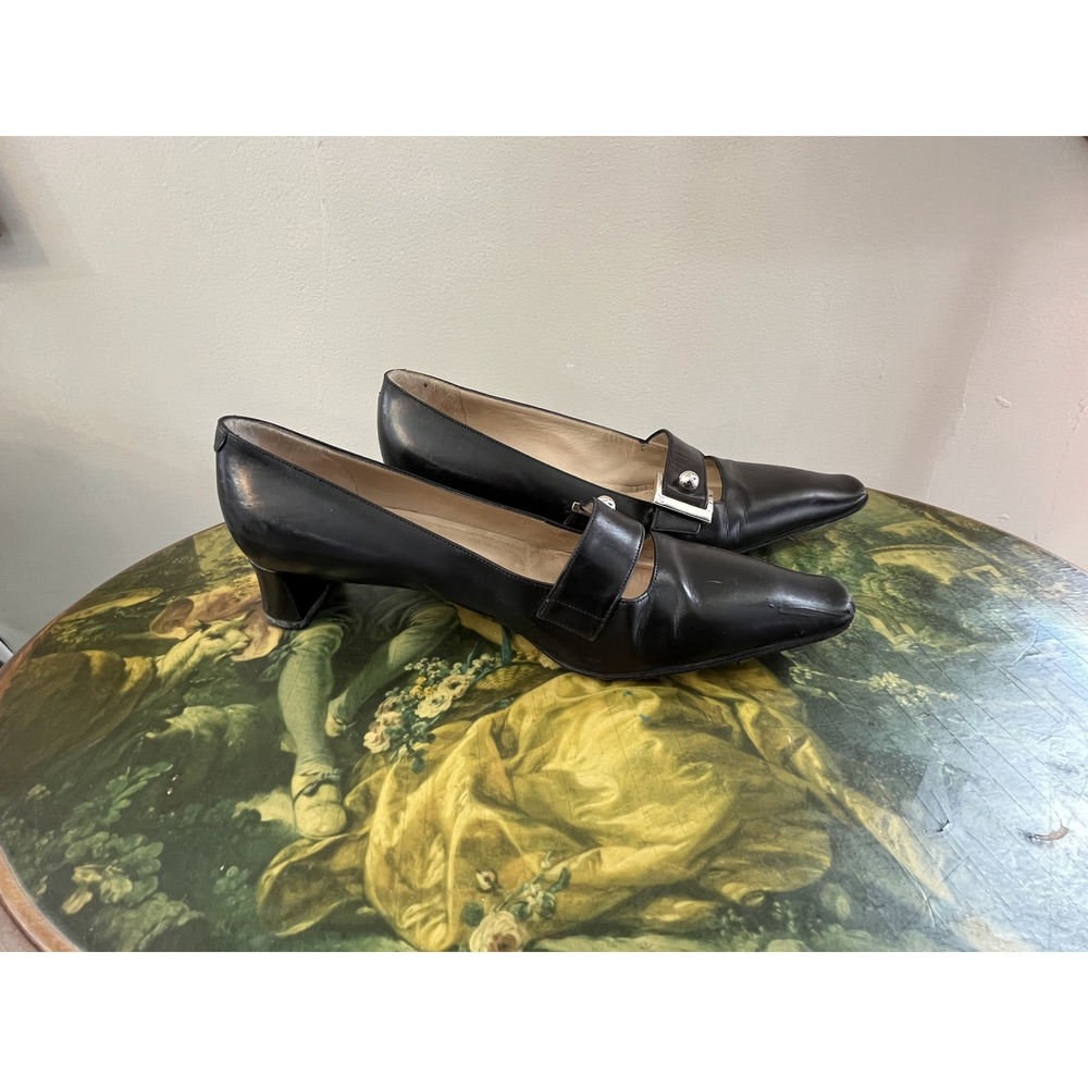 Louis Vuitton Black Leather Studded Strap Block Heel Pumps Size 36.5